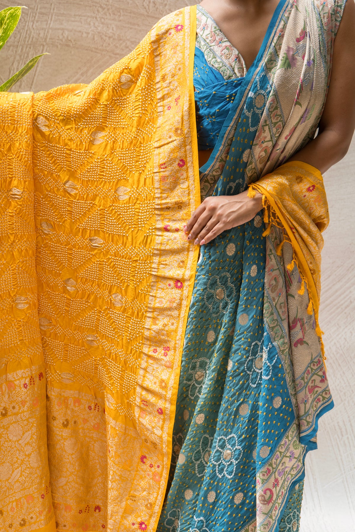 Georgette Boota Ombre Blue Meenakari Bandhej Saree
