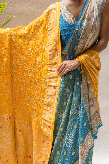 Georgette Boota Ombre Blue Meenakari Bandhej Saree
