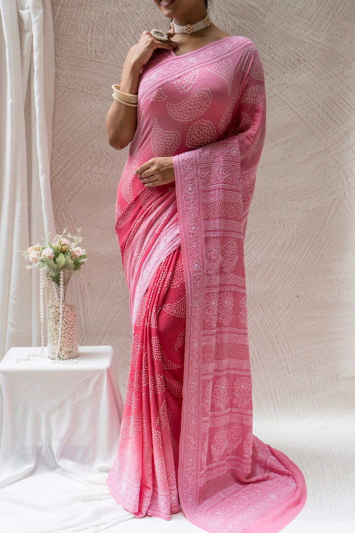 Georgette Lucknowi Ombre Onion Pink Bandhej Saree