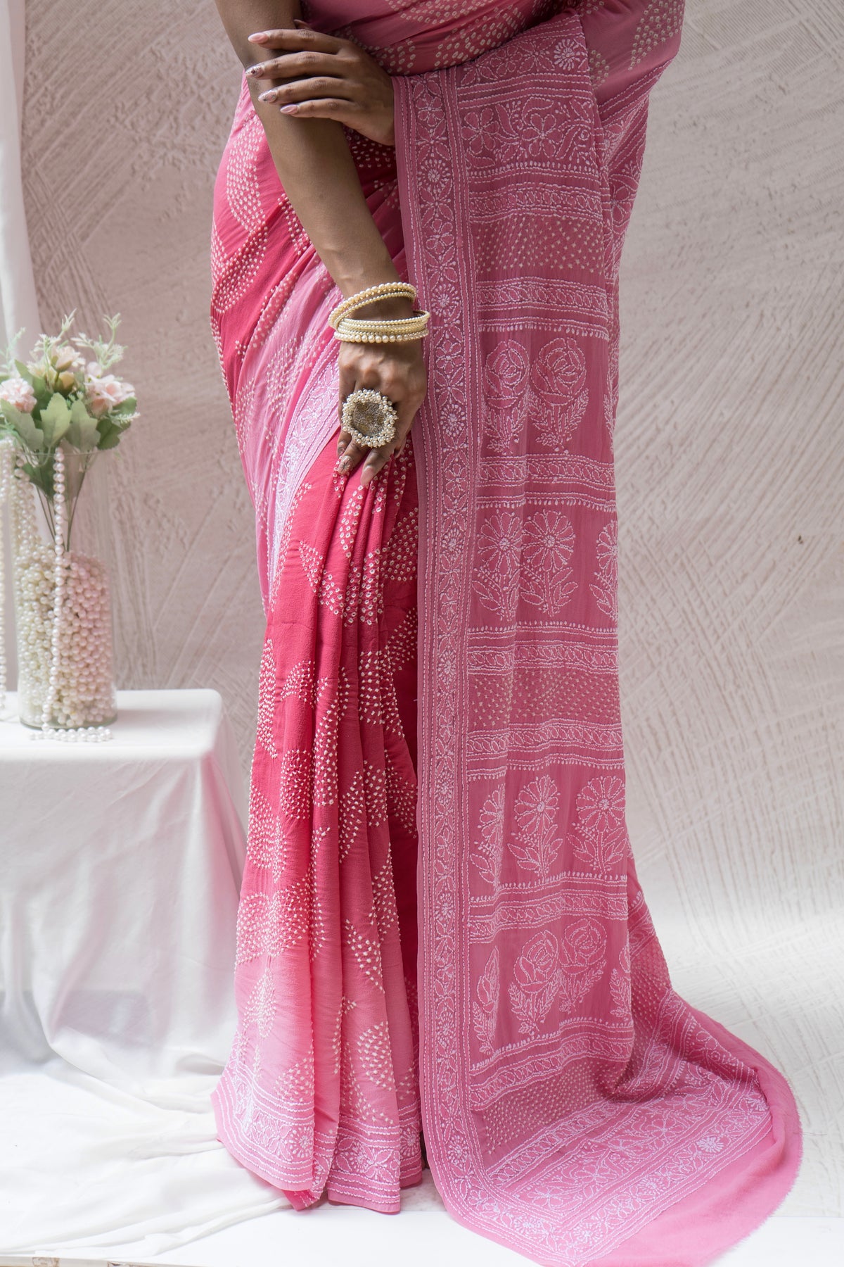 Georgette Lucknowi Ombre Onion Pink Bandhej Saree
