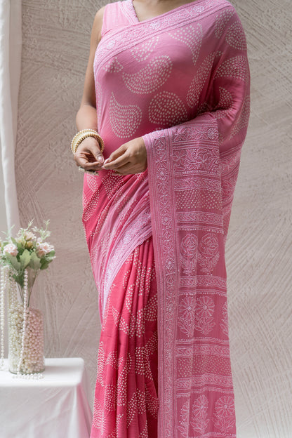 Georgette Lucknowi Ombre Onion Pink Bandhej Saree