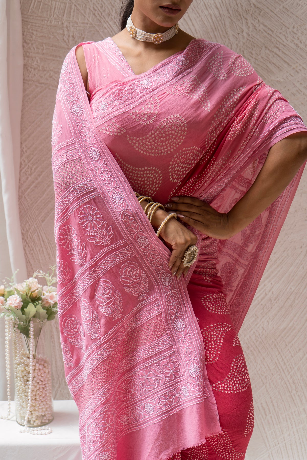 Georgette Lucknowi Ombre Onion Pink Bandhej Saree
