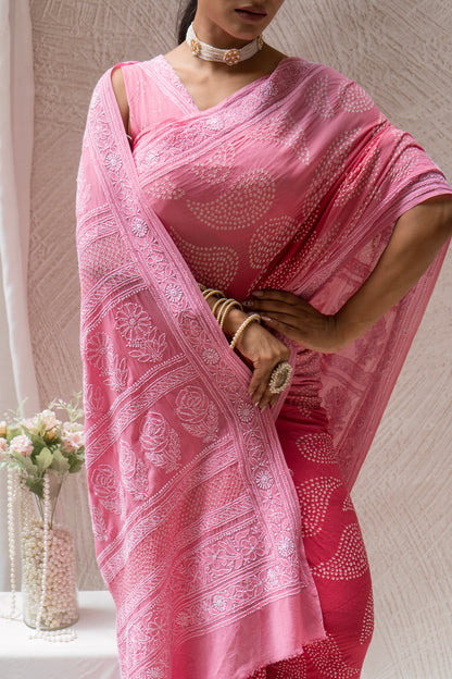 Georgette Lucknowi Ombre Onion Pink Bandhej Saree