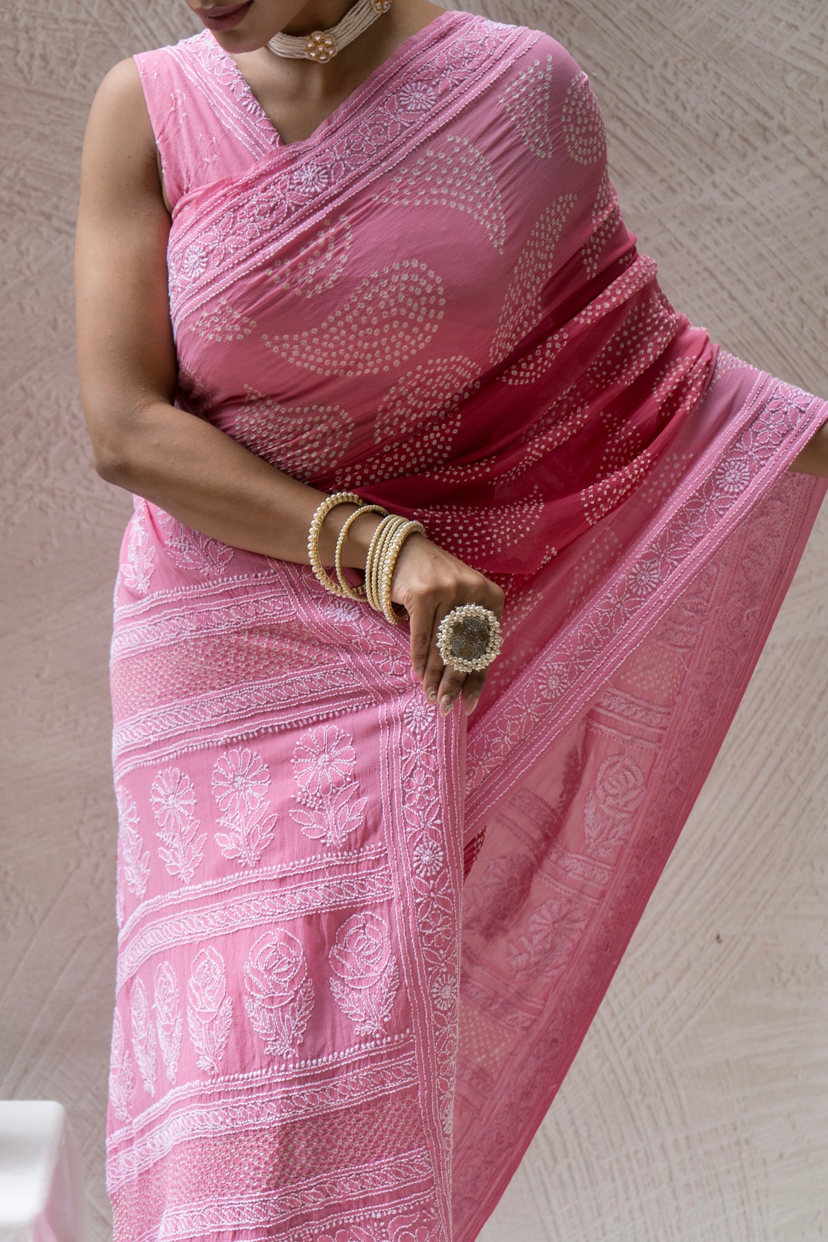 Georgette Lucknowi Ombre Onion Pink Bandhej Saree