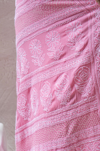 Georgette Lucknowi Ombre Onion Pink Bandhej Saree