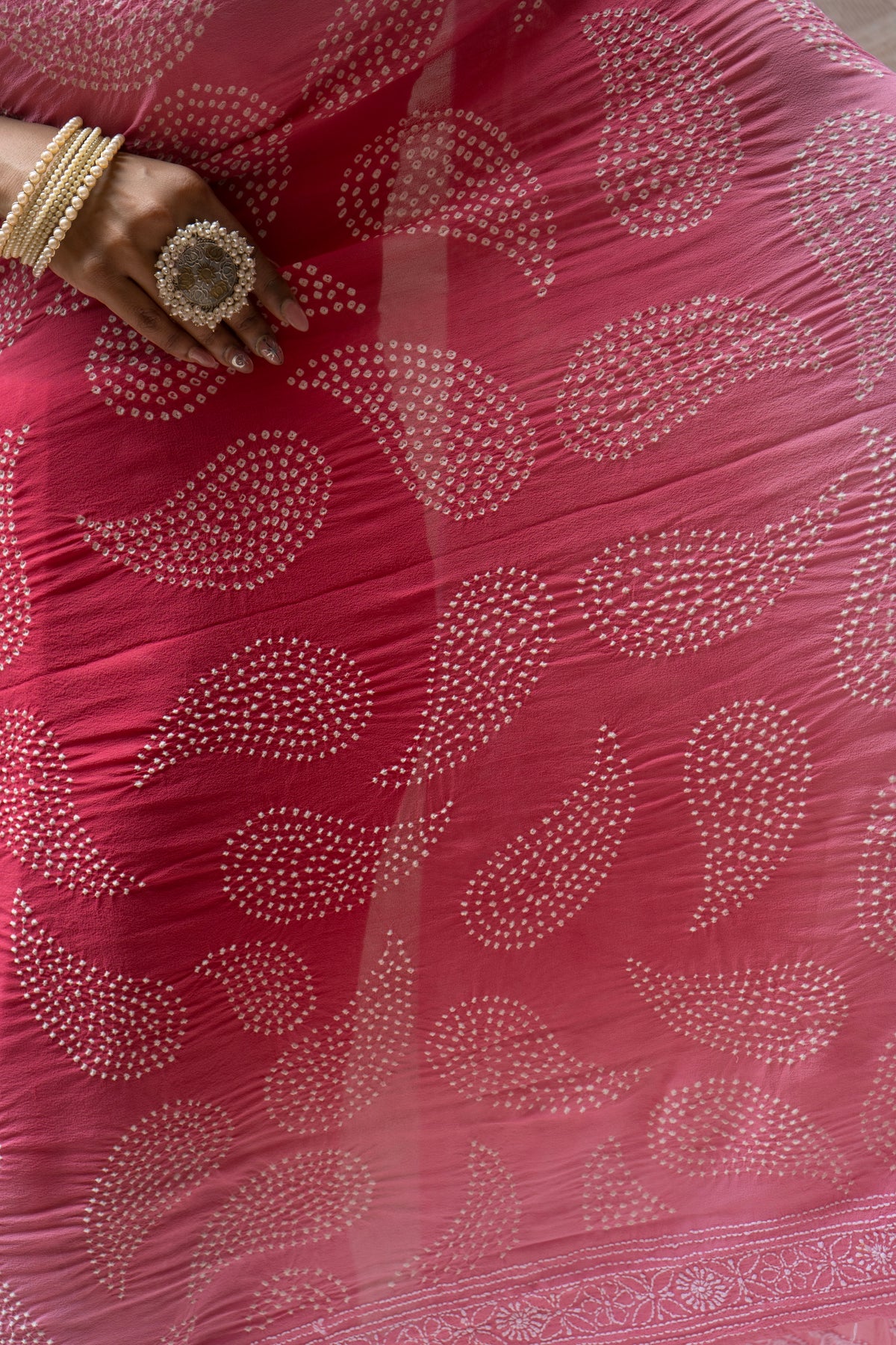 Georgette Lucknowi Ombre Onion Pink Bandhej Saree