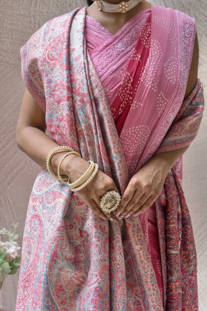 Georgette Lucknowi Ombre Onion Pink Bandhej Saree