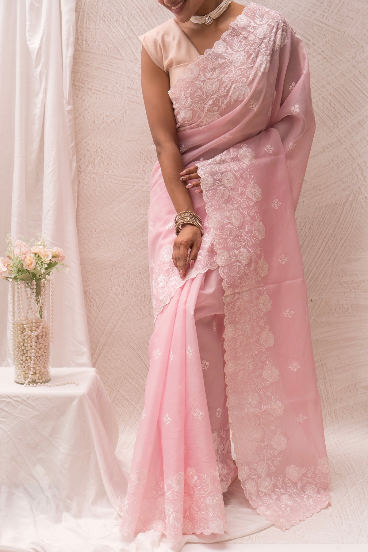 Organza Tissue Embroidered Baby Pink Saree