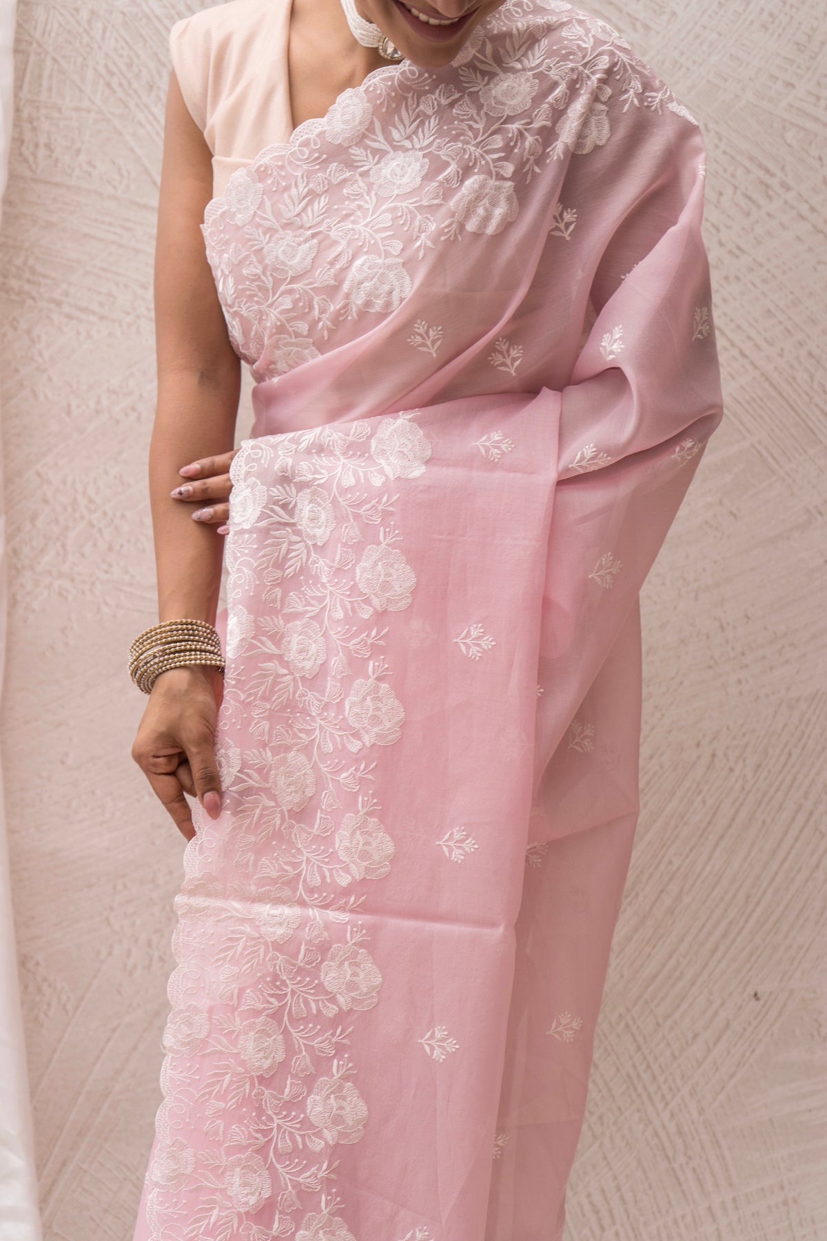 Organza Tissue Embroidered Baby Pink Saree