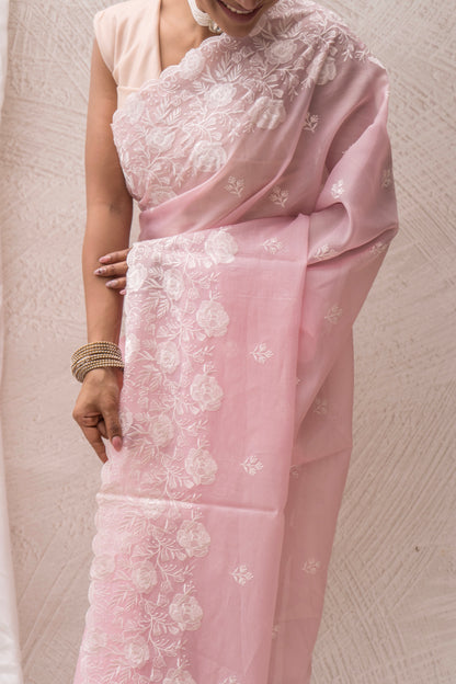Organza Tissue Embroidered Baby Pink Saree