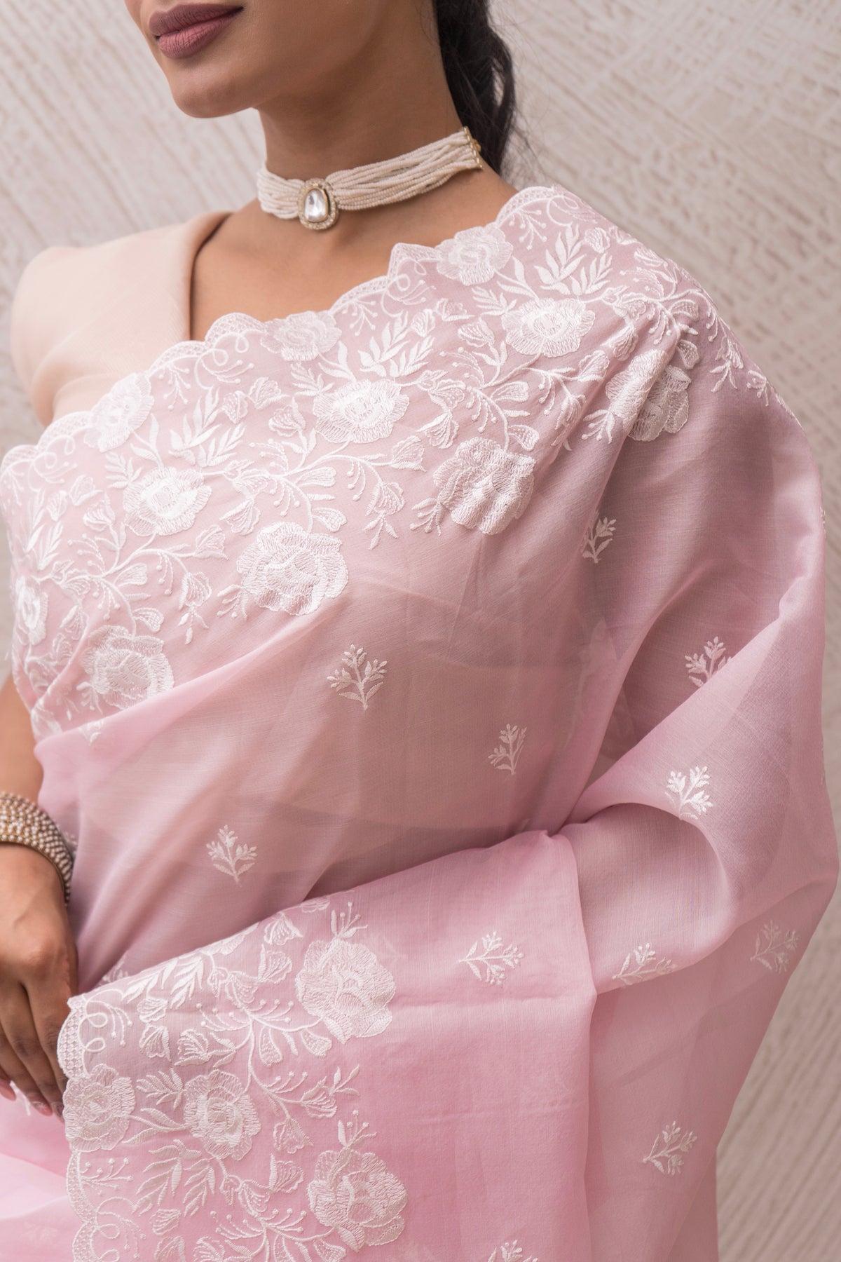 Organza Tissue Embroidered Baby Pink Saree