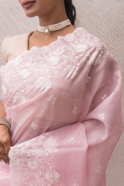 Organza Tissue Embroidered Baby Pink Saree