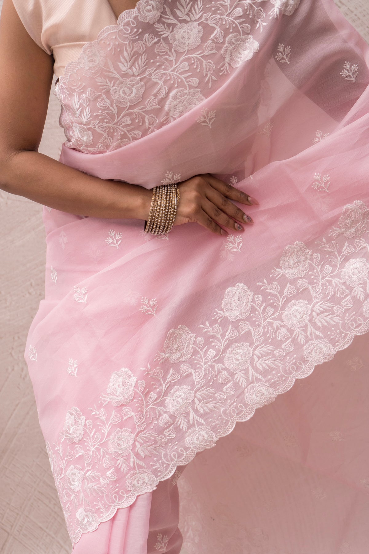 Organza Tissue Embroidered Baby Pink Saree