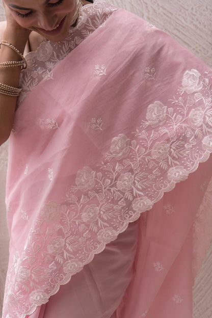 Organza Tissue Embroidered Baby Pink Saree