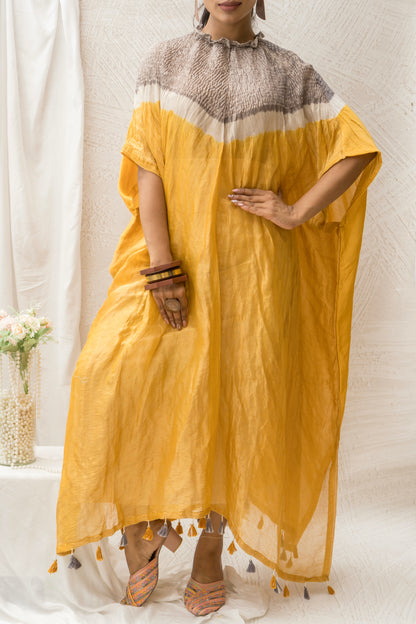 Chanderi Tissue Shibori Yellow Kaftan