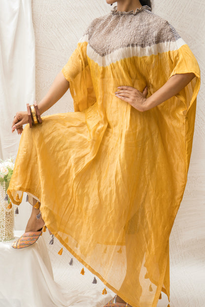 Chanderi Tissue Shibori Yellow Kaftan