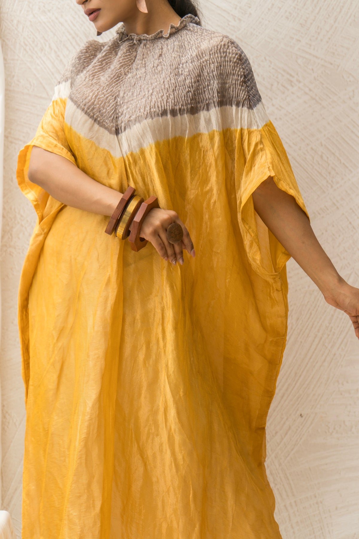 Chanderi Tissue Shibori Yellow Kaftan
