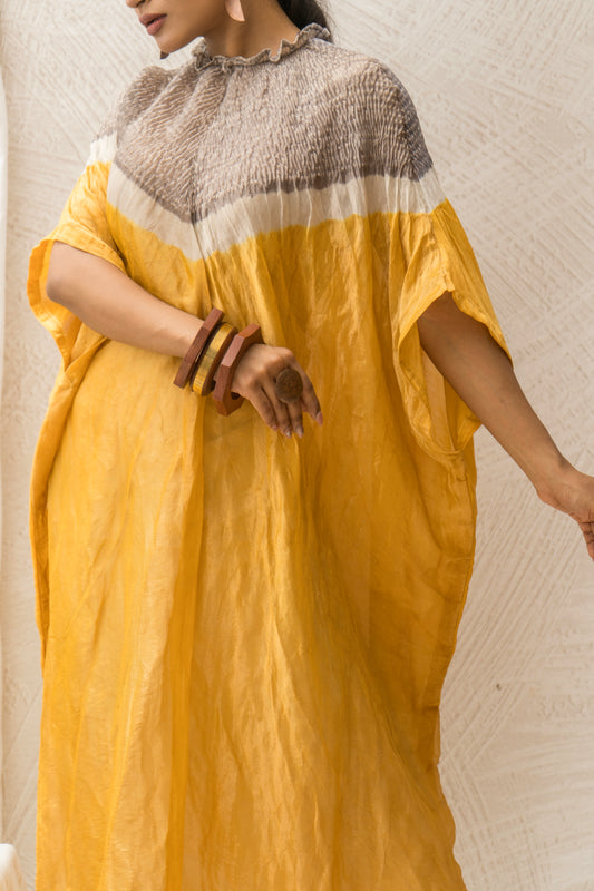 Chanderi Tissue Shibori Yellow Kaftan