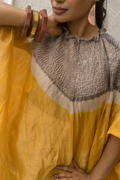 Chanderi Tissue Shibori Yellow Kaftan