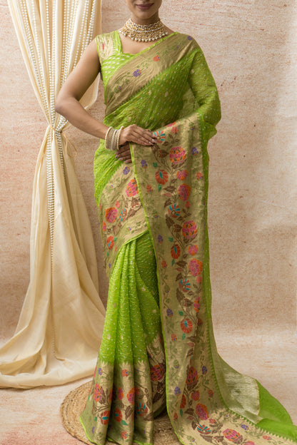 Kota Doria Paithani Meenakari Green Bandhej Saree