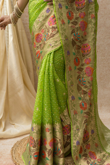 Kota Doria Paithani Meenakari Green Bandhej Saree