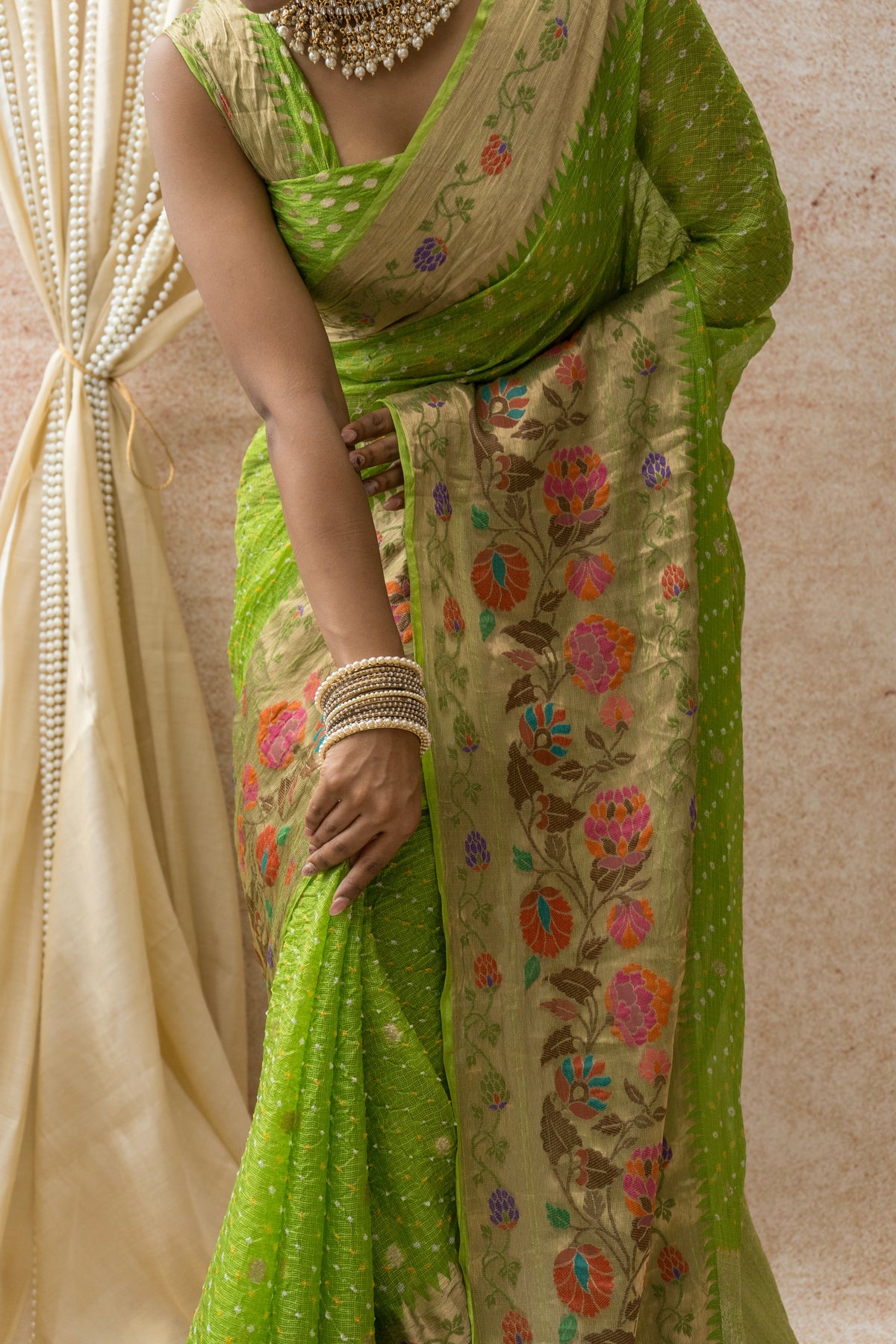 Kota Doria Paithani Meenakari Green Bandhej Saree