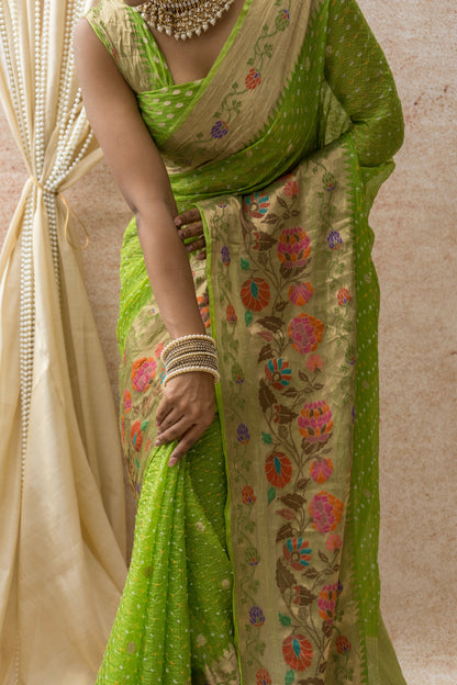 Kota Doria Paithani Meenakari Green Bandhej Saree
