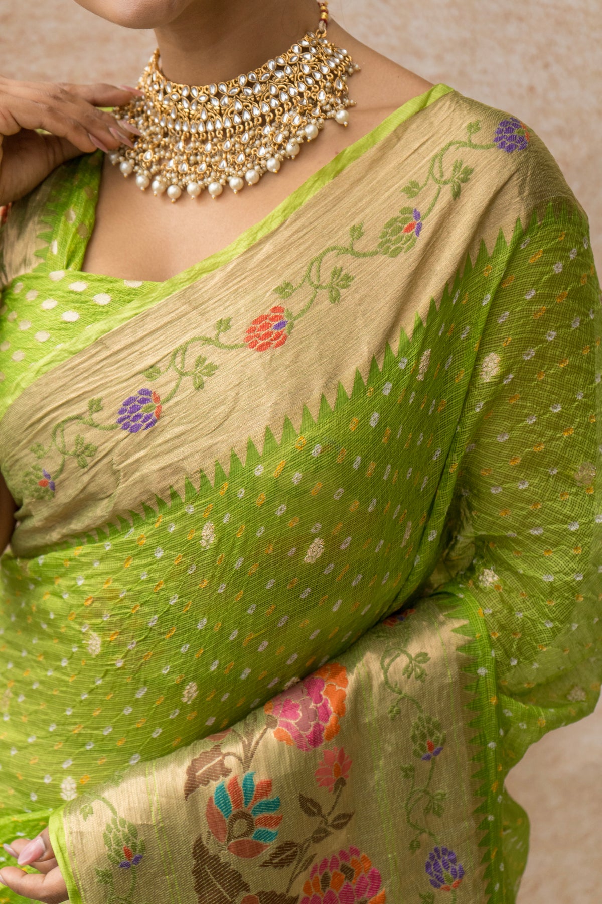 Kota Doria Paithani Meenakari Green Bandhej Saree