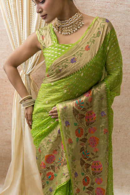 Kota Doria Paithani Meenakari Green Bandhej Saree