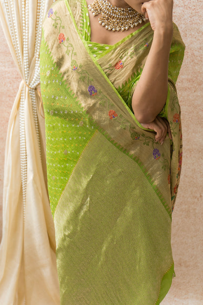 Kota Doria Paithani Meenakari Green Bandhej Saree