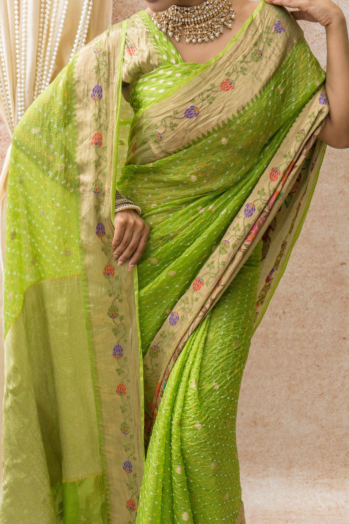 Kota Doria Paithani Meenakari Green Bandhej Saree