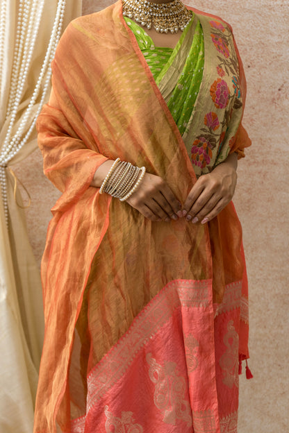 Kota Doria Paithani Meenakari Green Bandhej Saree