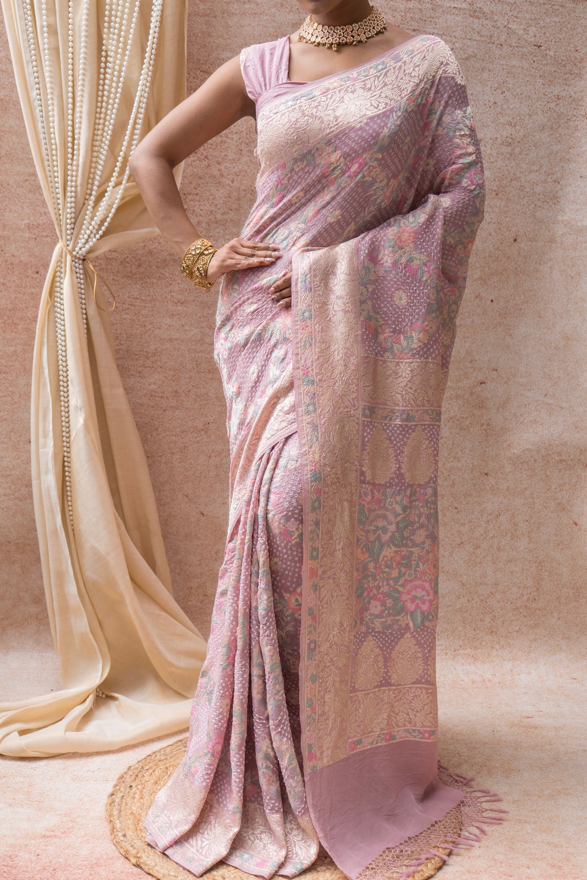 Georgette Parsi Jaal Lilac Bandhej Saree