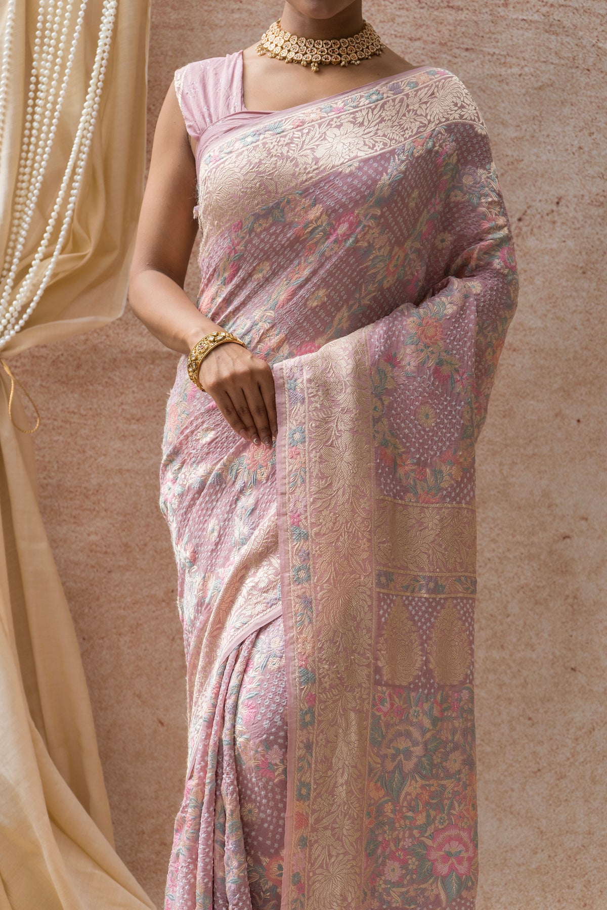 Georgette Parsi Jaal Lilac Bandhej Saree