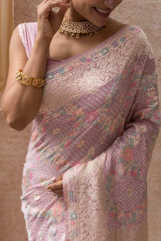 Georgette Parsi Jaal Lilac Bandhej Saree