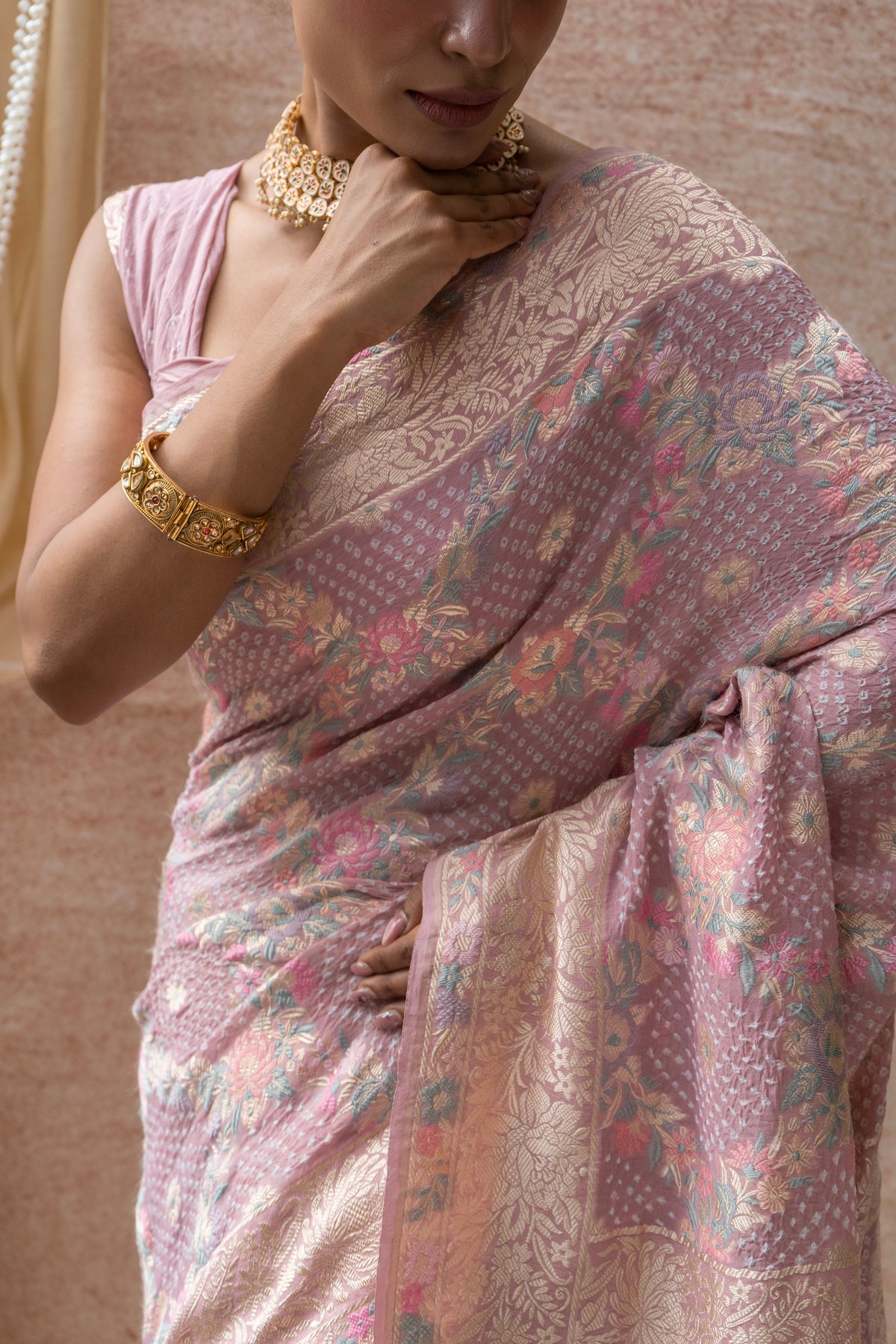 Georgette Parsi Jaal Lilac Bandhej Saree