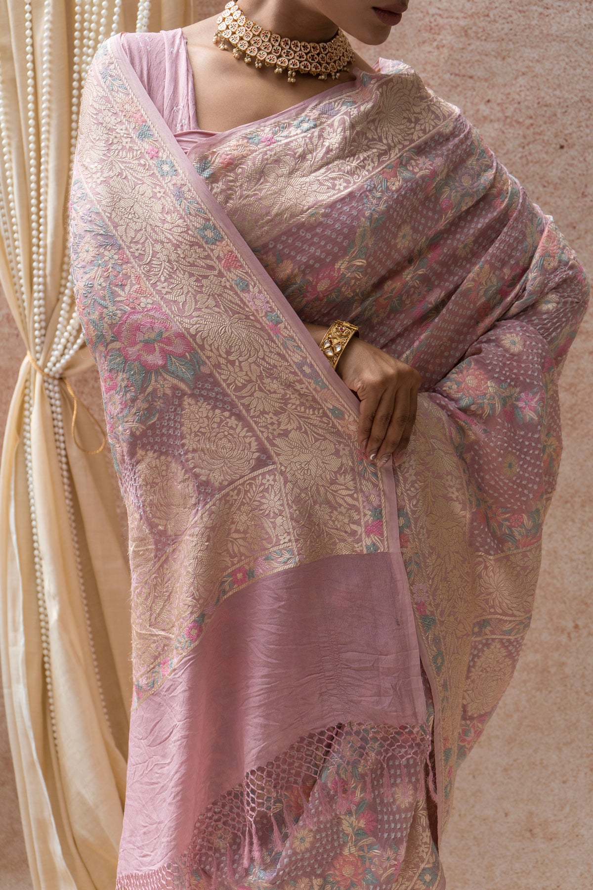 Georgette Parsi Jaal Lilac Bandhej Saree
