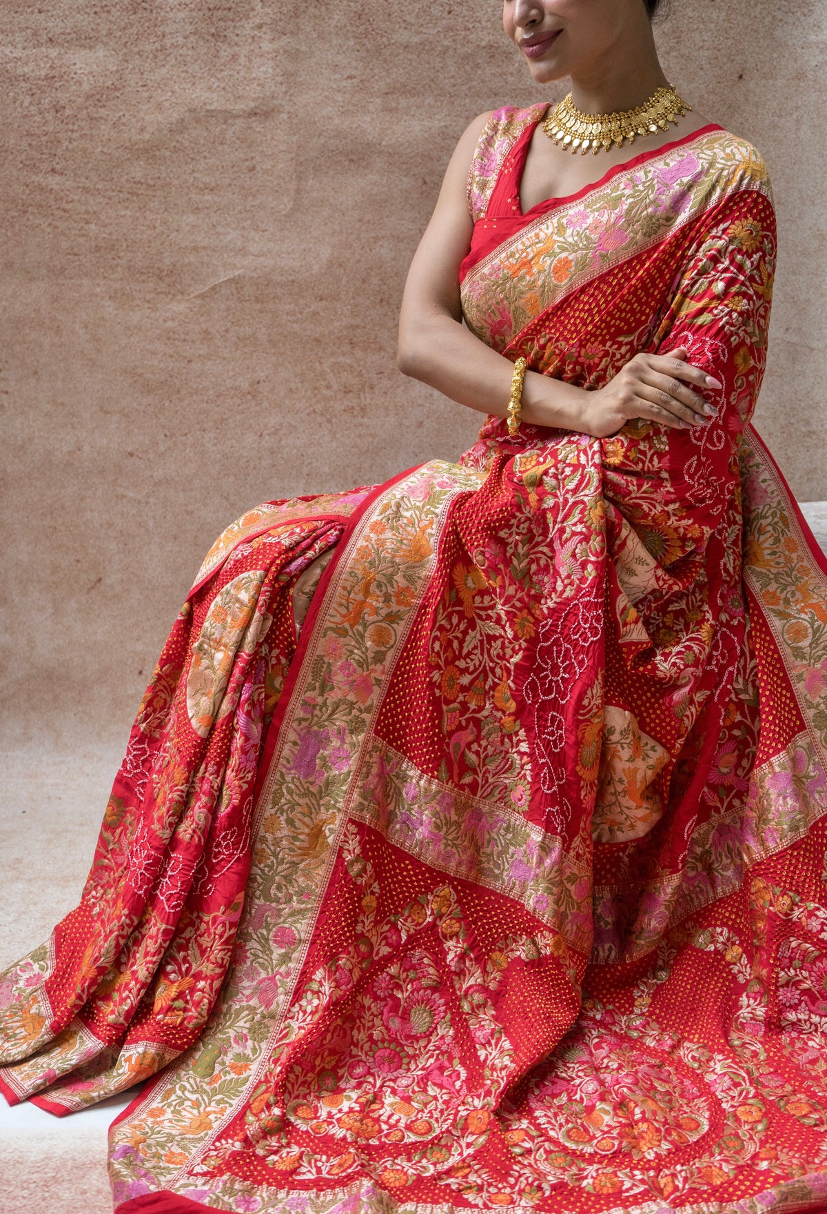 Georgette Paithani Meenakari Figure Weaving Red Bandhej Saree