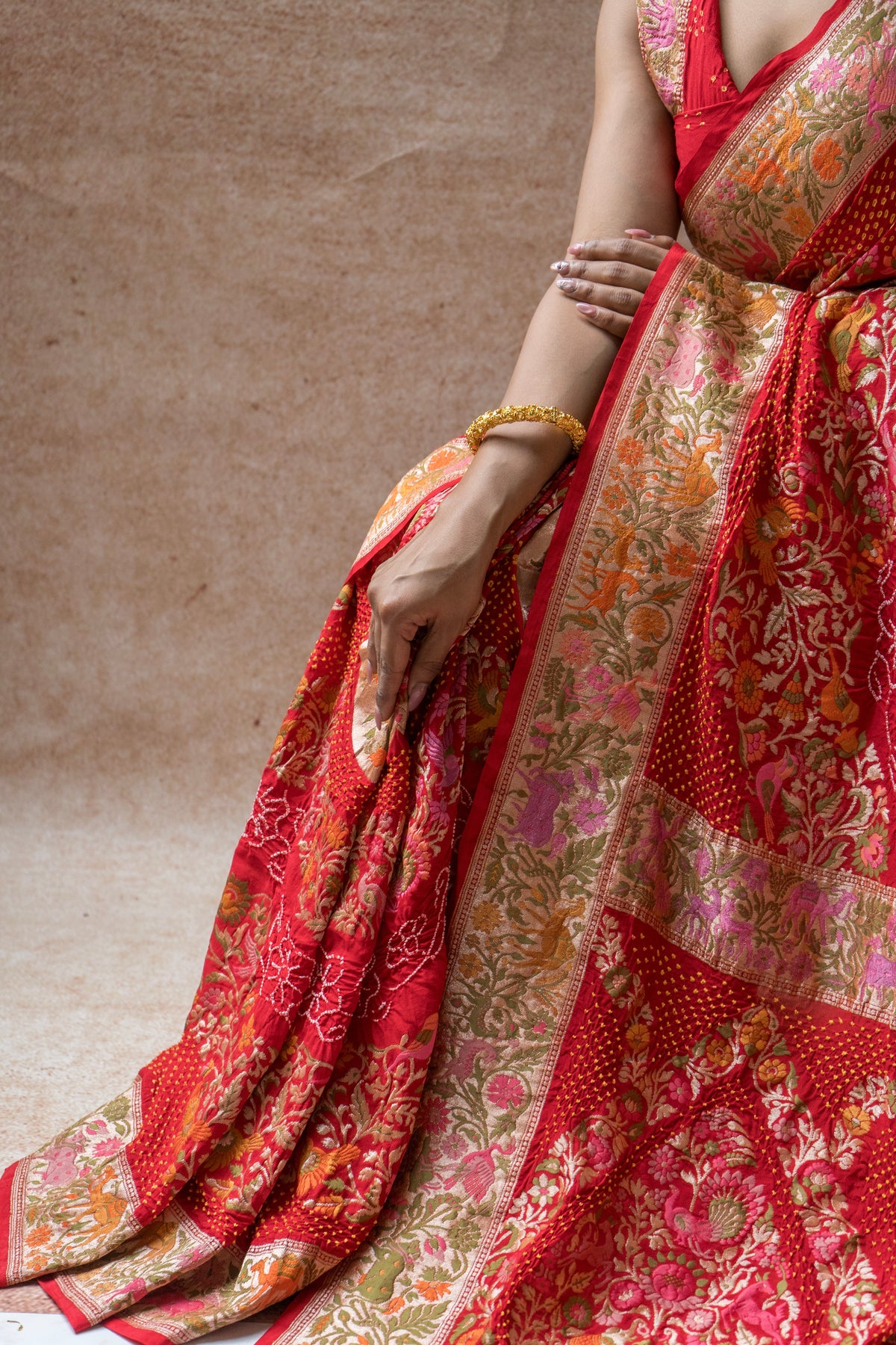 Georgette Paithani Meenakari Figure Weaving Red Bandhej Saree
