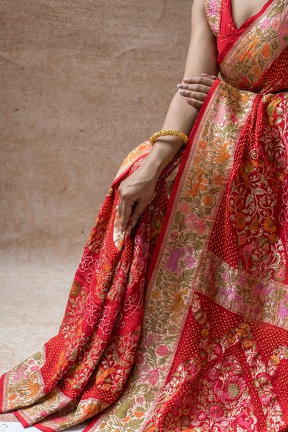 Georgette Paithani Meenakari Figure Weaving Red Bandhej Saree