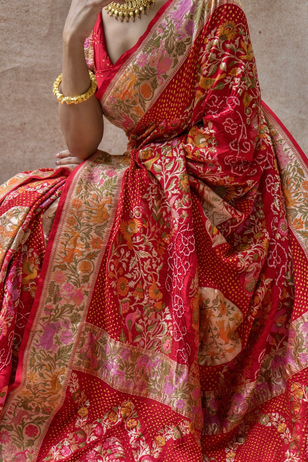 Georgette Paithani Meenakari Figure Weaving Red Bandhej Saree