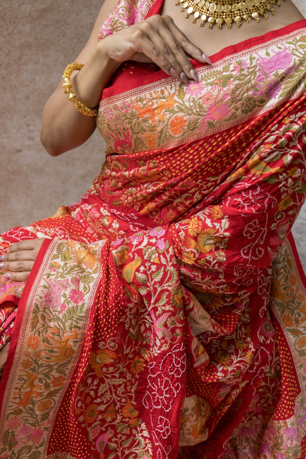 Georgette Paithani Meenakari Figure Weaving Red Bandhej Saree