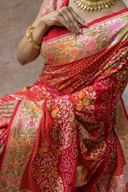 Georgette Paithani Meenakari Figure Weaving Red Bandhej Saree