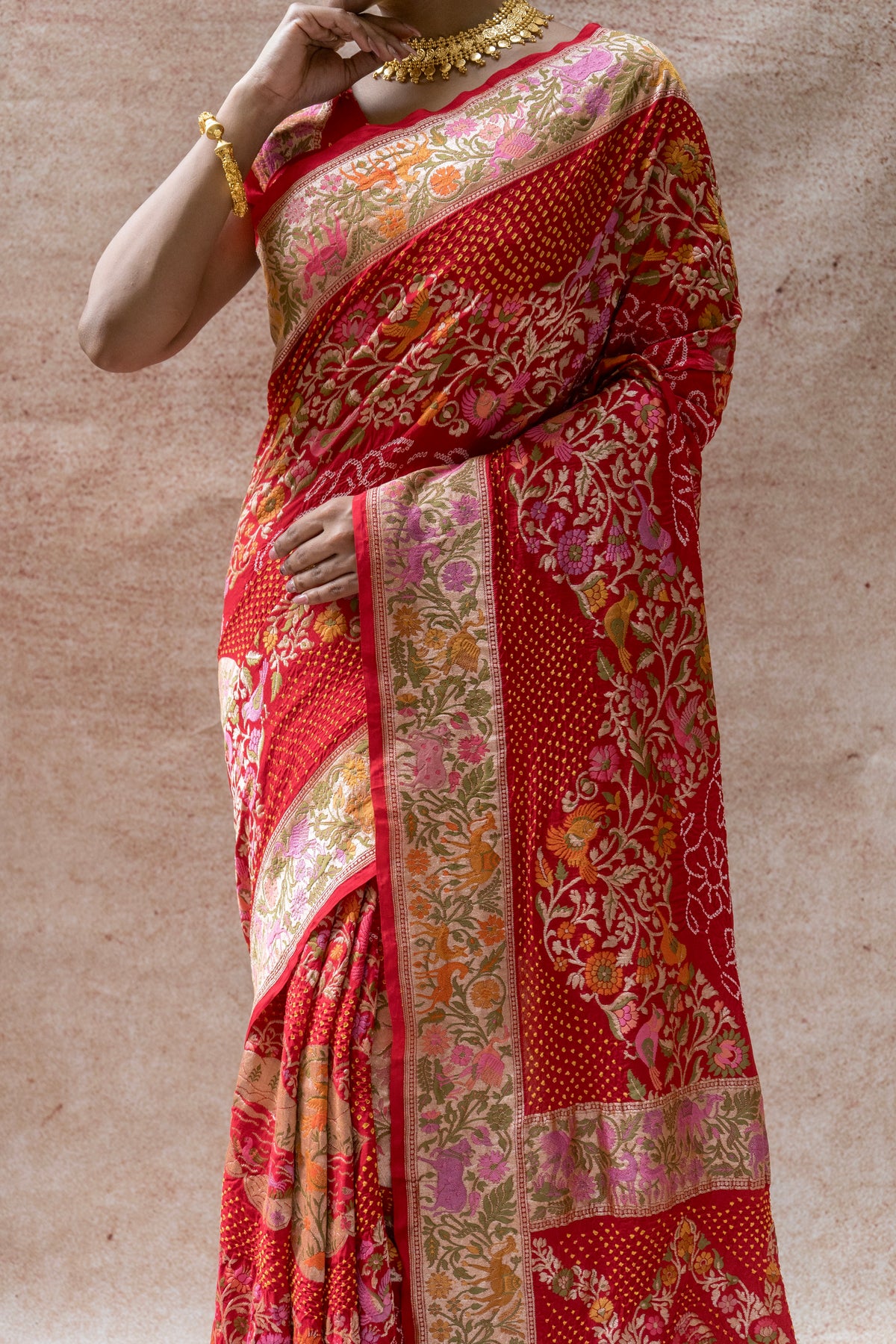 Georgette Paithani Meenakari Figure Weaving Red Bandhej Saree
