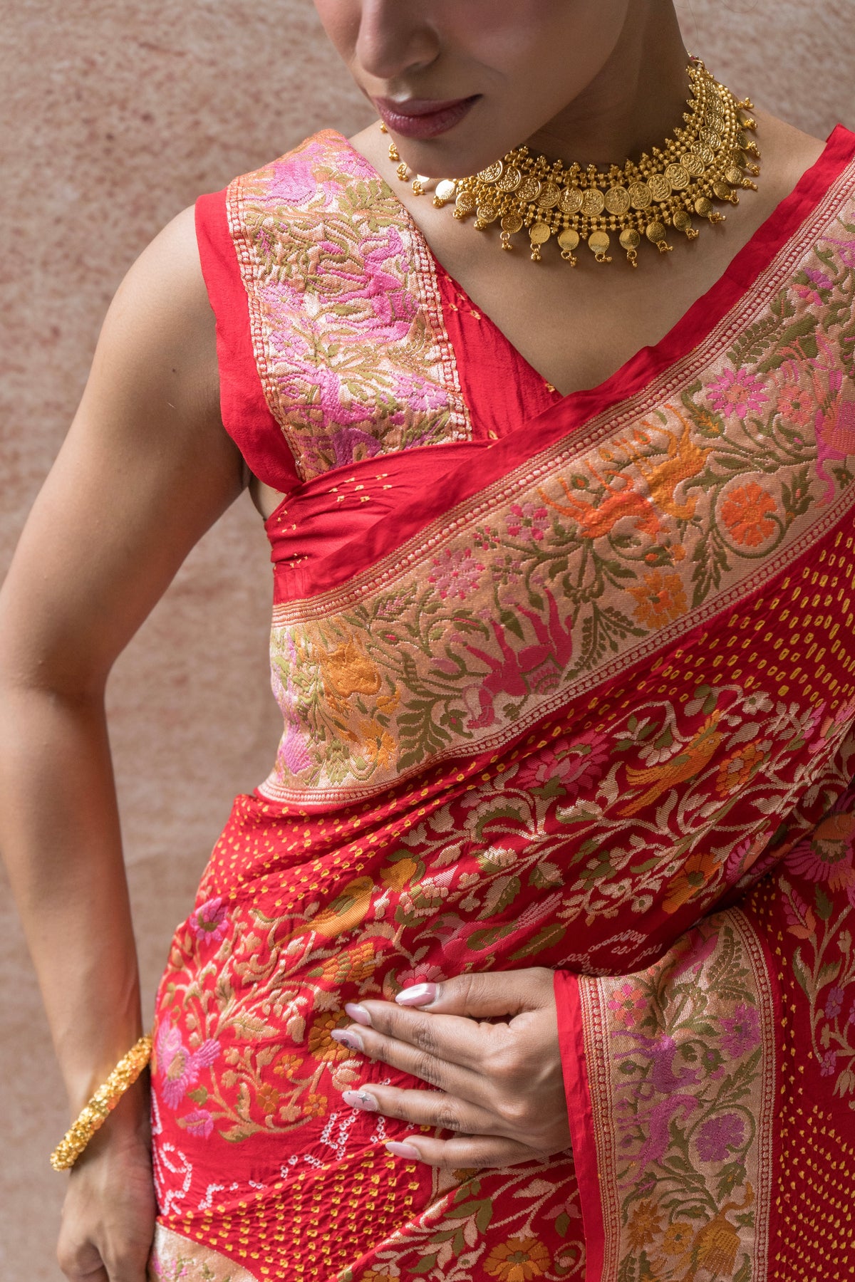 Georgette Paithani Meenakari Figure Weaving Red Bandhej Saree
