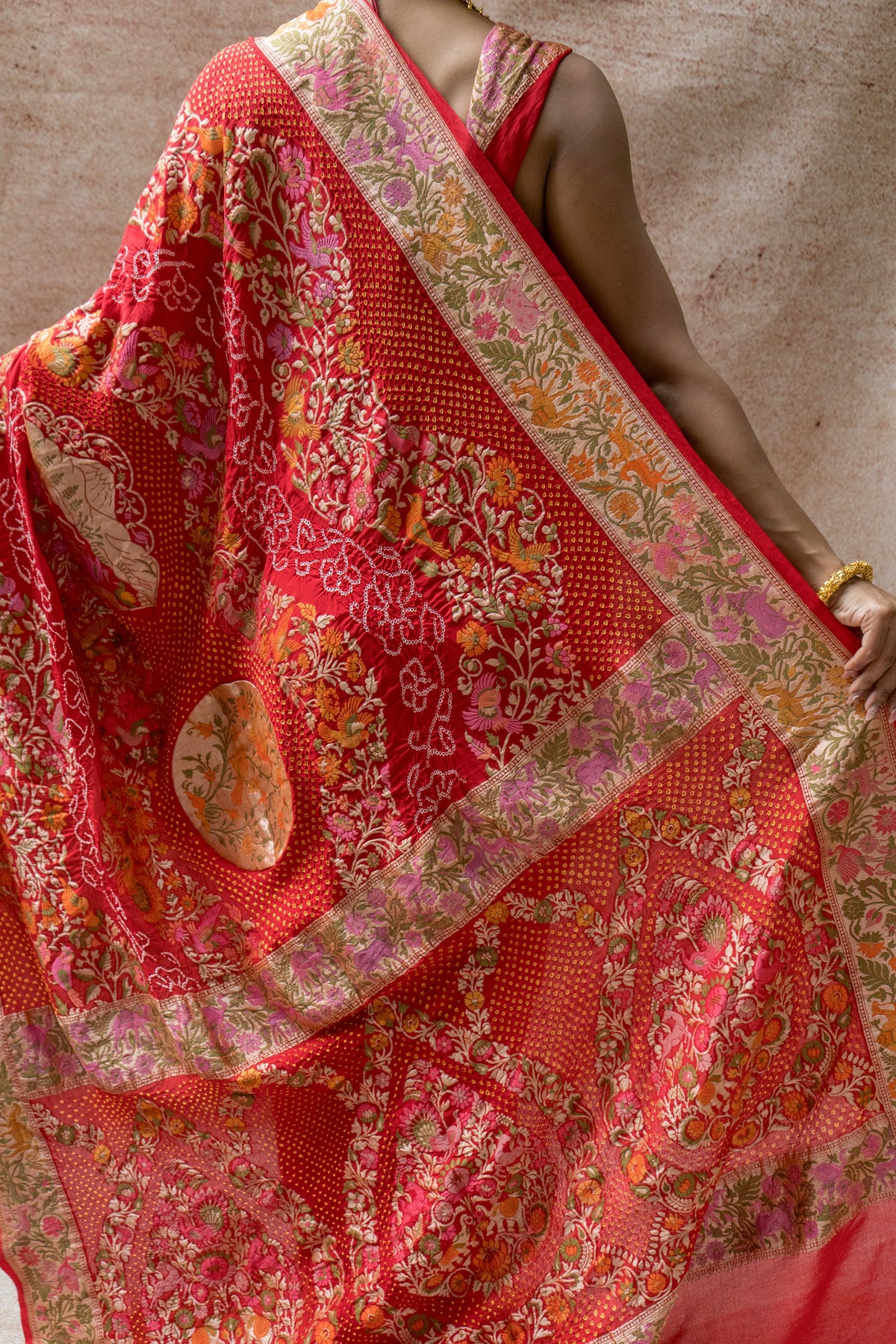 Georgette Paithani Meenakari Figure Weaving Red Bandhej Saree