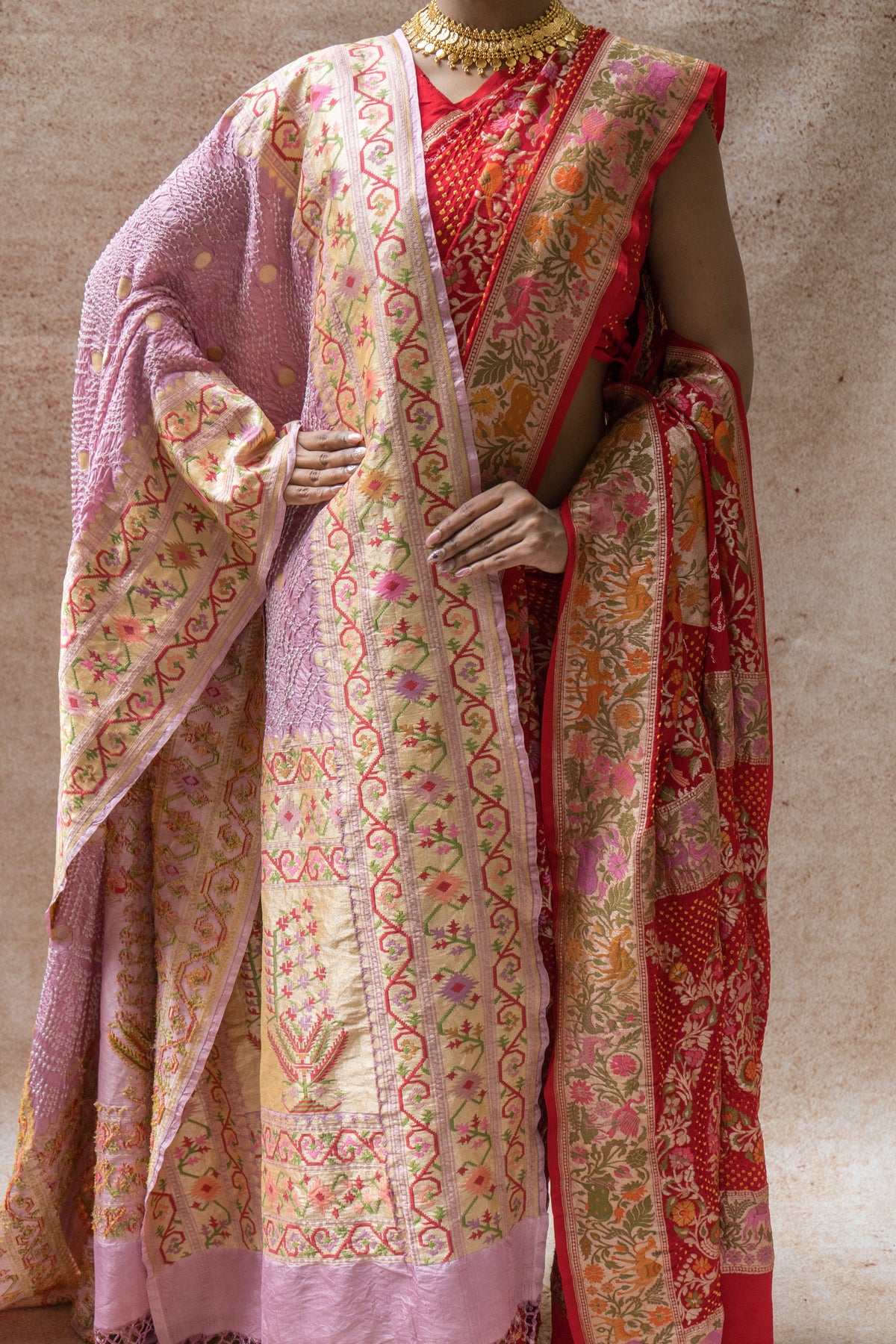 Georgette Paithani Meenakari Figure Weaving Red Bandhej Saree