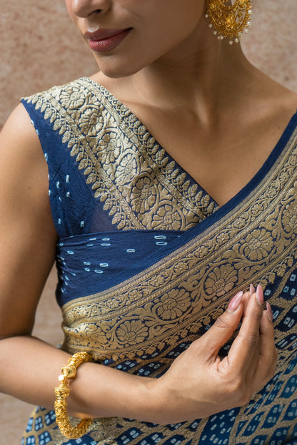 Georgette Neemzari Stripes Jaal Bandhej Ombre Blue Saree