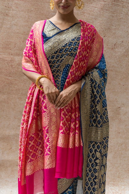Georgette Neemzari Stripes Jaal Bandhej Ombre Blue Saree