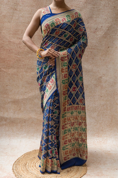 Georgette Figure Weaving Meenakari Royal Blue Bandhej Saree